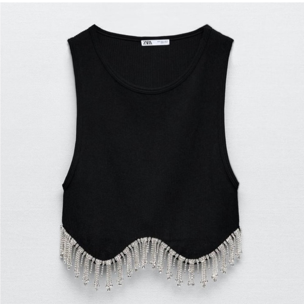Zara Womens Black Sleeveless high neck top. Jewel appliqué at hem.Black - Picture 3 of 10